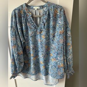 Jade Boho Chic Cottage Core Floral V Neck Ruffle Blouse  Large